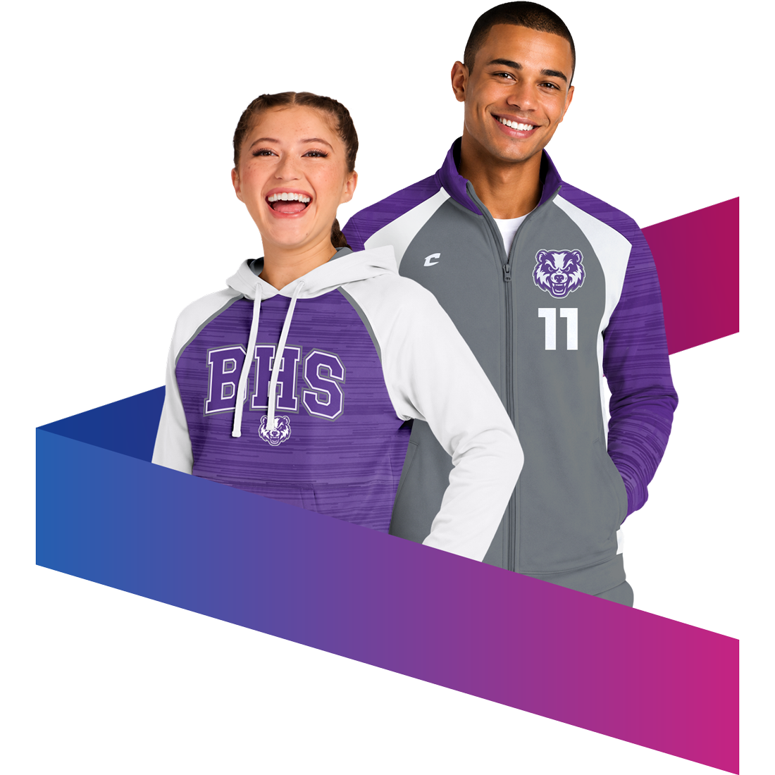 female and male dye-sublimated apparel in purple, white, and grey with a blue, purple, and pink gradient bar