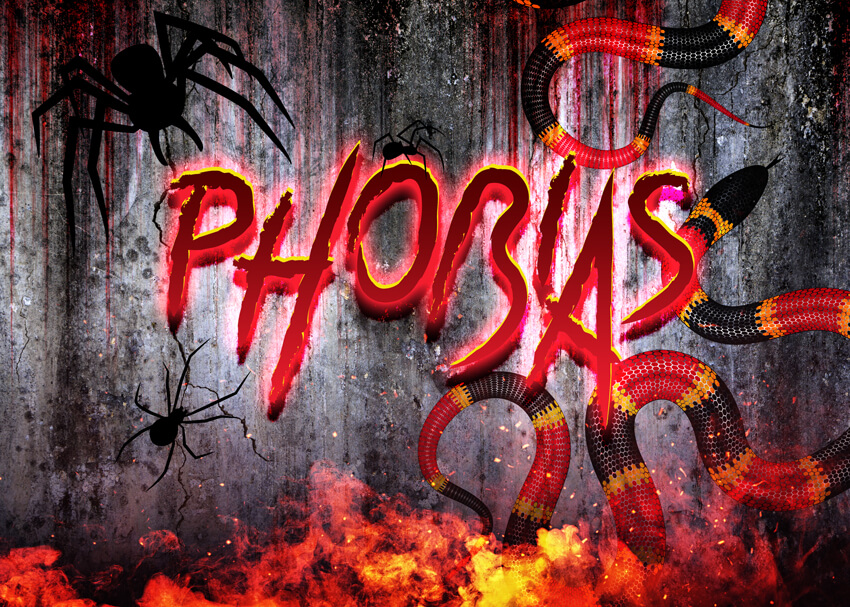 Phobias title card with flames, snakes, and spiders