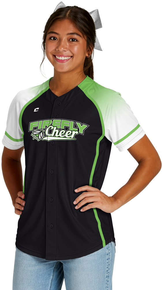 smiling cheerleading model wearing a green bow, a custom black, white, and green dye-sublimated jersey, and jeans.