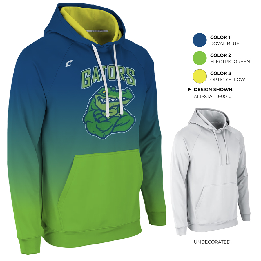 JFLH6 custom hoodie example showing decorated design, colors used, and undecorated hoodie
