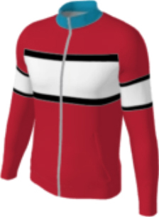 red JFZJ2 custom jacket option 0006 with black thin stripes and white thicker stripes across the chest and shoulders.