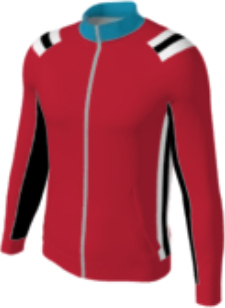 red JFZJ2 custom jacket option 0030 black and white should stripes and black under-arm and side panels with white vertical accent stripes, turquoise collar.