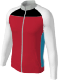 red JFZJ2 custom jacket option 0052 white raglan sleeves, black chest panel, turquoise panels on the torso sides, grey collar.