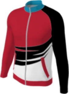 red JFZJ2 custom jacket option 0101 black and white graphic design on lower half, black left sleeve, turquoise collar.