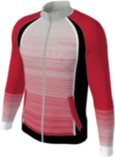 red JFZJ2 custom jacket option 0186 with white horizontal pinstripe gradient design, black side panels outlined in white, grey collar.