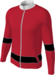 red JFZJ2 custom jacket option 0226 with black horizontals stripes on elbows and hem, white collar.