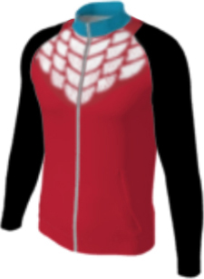 red JFZJ2 custom jacket option 0103 with black raglan sleeves and white collar, white scale design on the front.