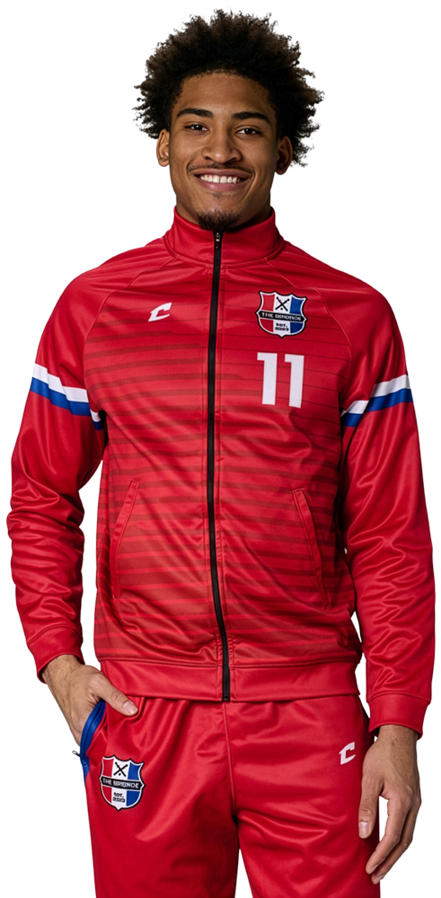 smiling male model wearing a red, white, and blue custom decorated warmup set.