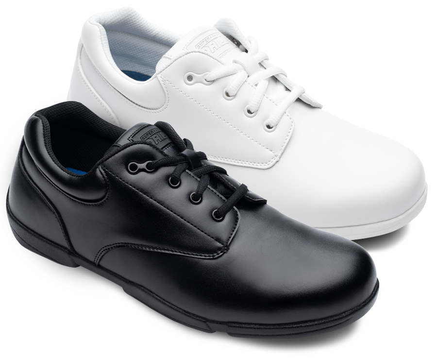 black and white Super Drill Marching Shoes side-by-side, front right view.