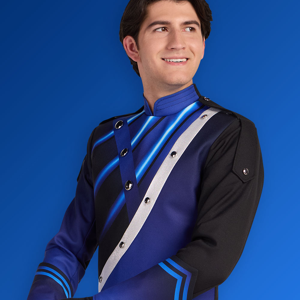 male marching band member in a blue and and silver custom marching band jacket
