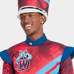 young man wearing a custom marching band uniform