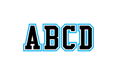 "ABC" in black with a white and sapphire outline