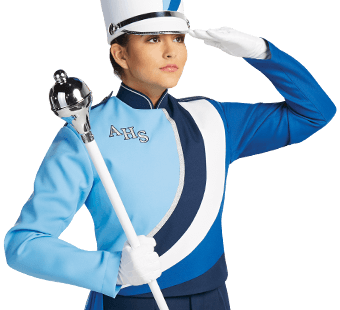 Marching band member saluting, holding a drum major mace wearing a blue and white uniform.