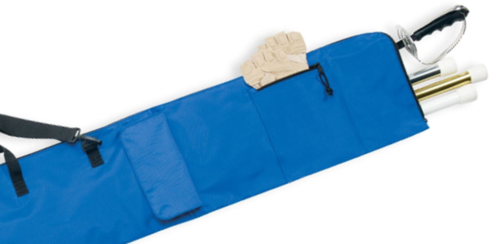 cropped front view of a blue equipment back with color guard equipment and gloves