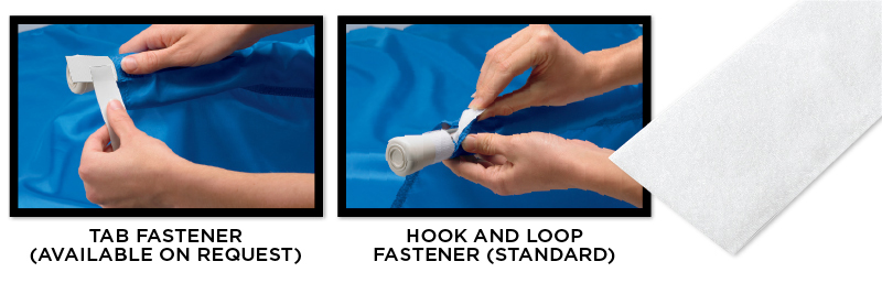 hands showing fastener option, either tab fastener or hook-and-loop