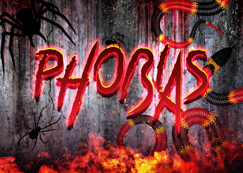 Phobias title card with flames, snakes, and spiders