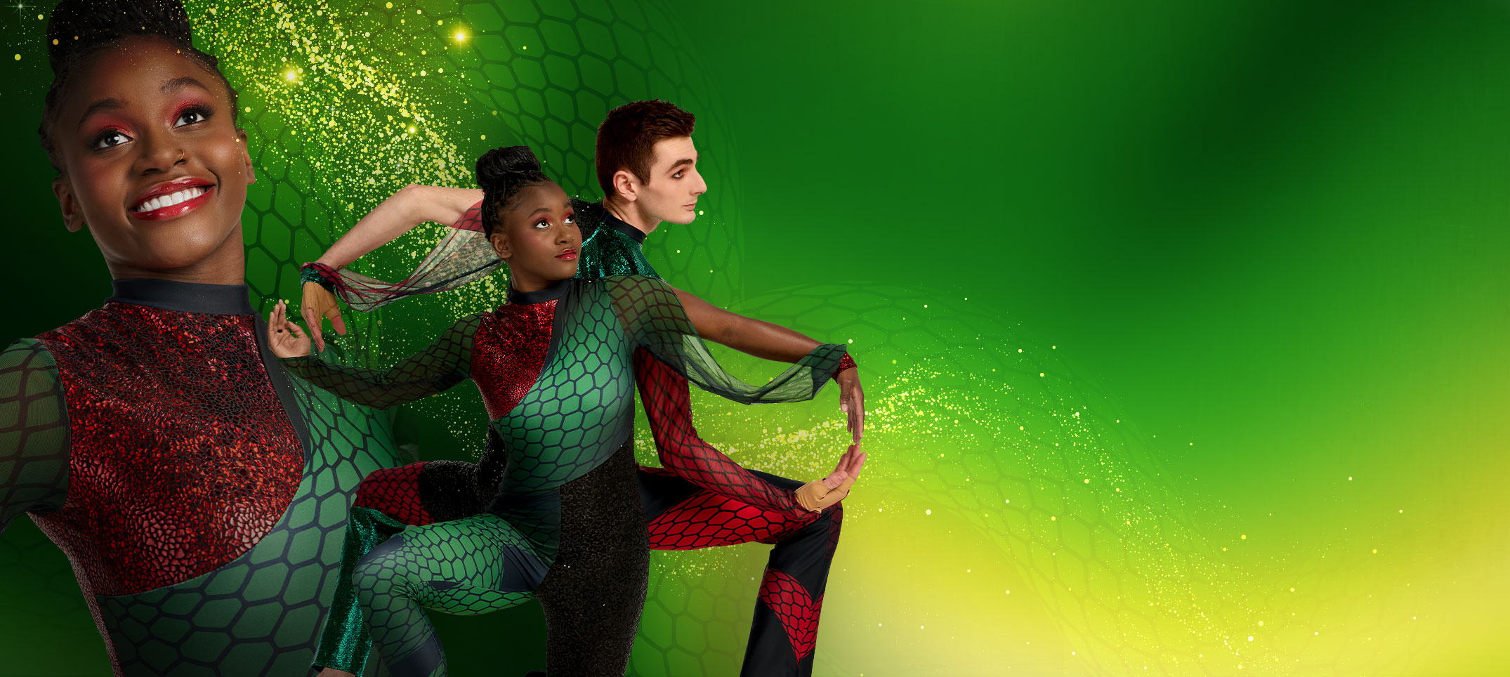 male and female color guard members posing in custom color guard uniforms with a smiling photo inset on a sparkling green background