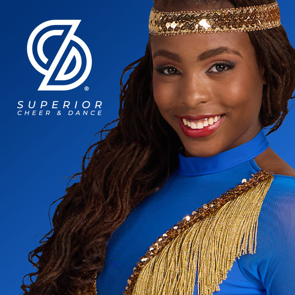 pretty smiling HBCU dance in a blue and gold Superior Cheer & Dance dance uniform