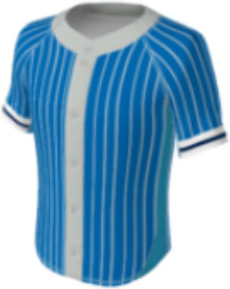 JBS23 jersey design 0539 – blue with white pinstripes, grey stripe on collar and buttons, turquoise side panels, and white and navy stripes on the sleeves.