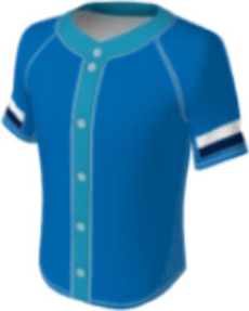 JBS23 jersey design 0541 – blue with turquoise stripe on collar and buttons, white and navy stripes on sleeves.