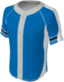 JBS23 jersey design 0542 – blue with thick grey stripe on the buttons and neck, white and navy stripes on the sleeves.