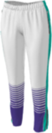 white jflj10 custom pants option 0476 with a vertical teal stripe and stripe gradient to purple at hem