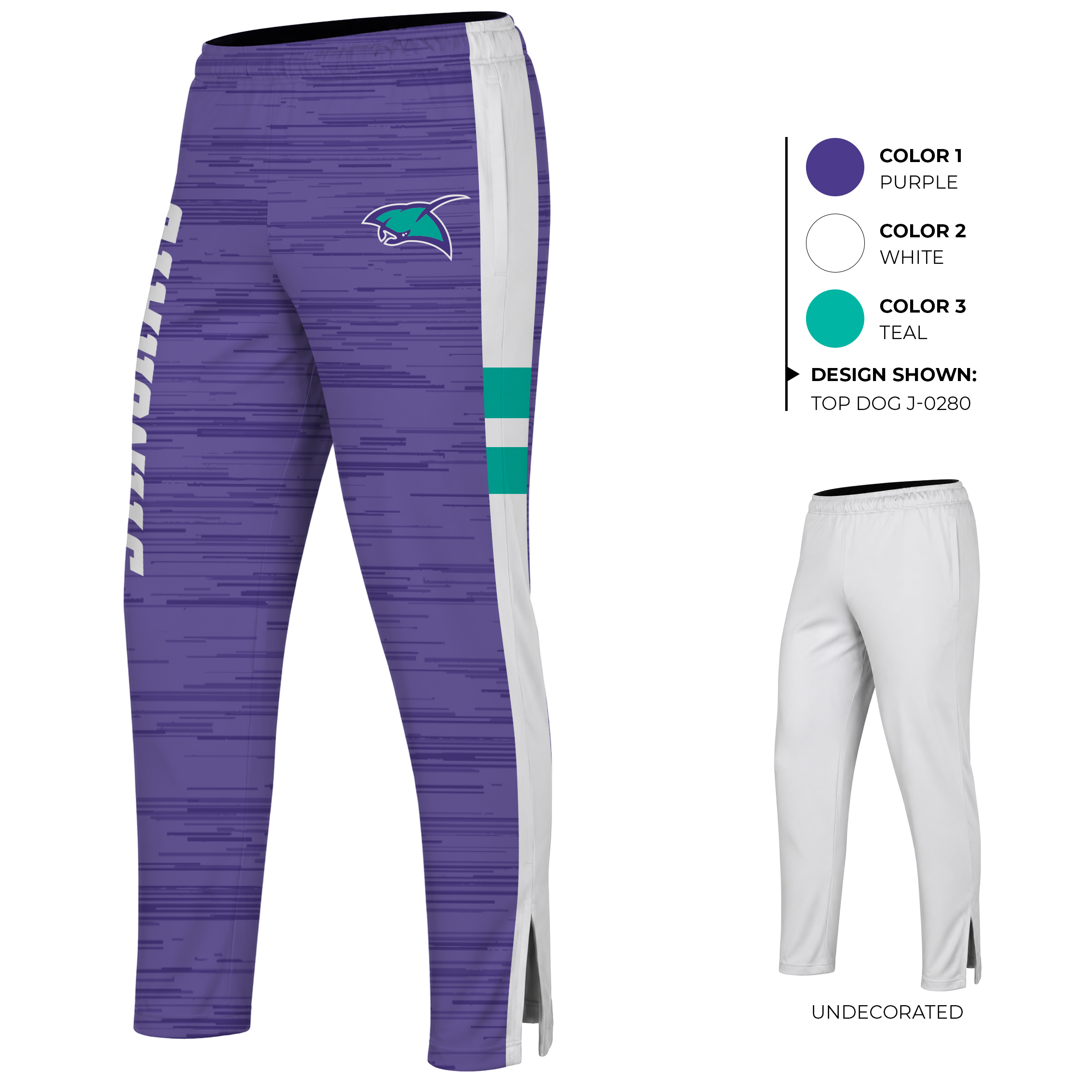 JFLJ10 custom pants example showing decorated design, colors used, and undecorated pants