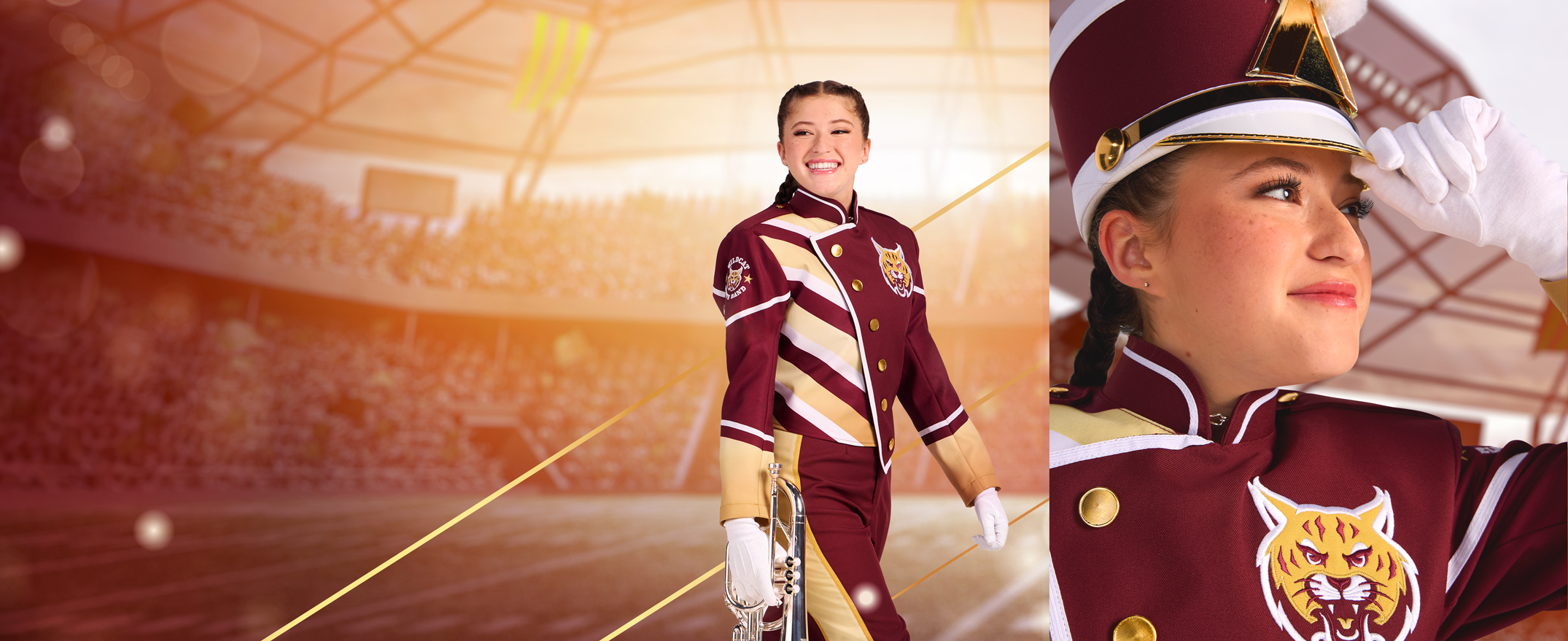 Marching band member in maroon and gold uniform with shako hat standing in stadium.