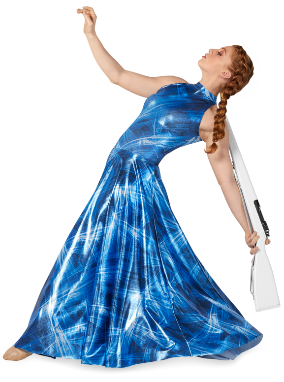 Female colorguard member in a blue dress holding an Endura Spinning Rifle
