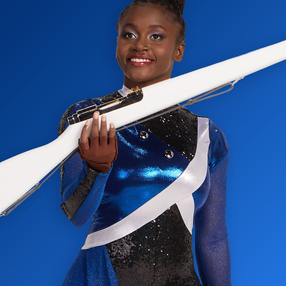 color guard girl in a blue and black sequin unitard holding a Ultra Spin color guard rifle on a blue background