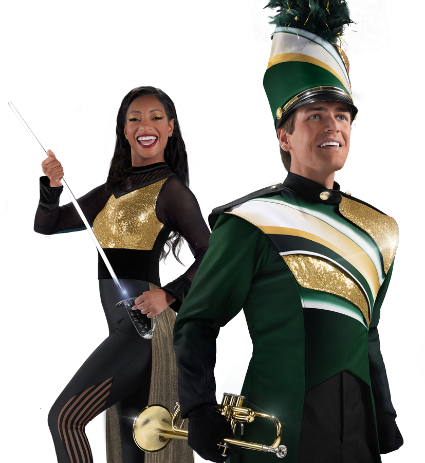 drum major wearing a custom marching uniform with a color guard emember in a custom uniform holding a sabre