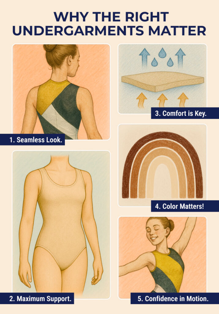 illustration showing why the right uniform undergarments matter including seamless look, support, comfort, color and confidence